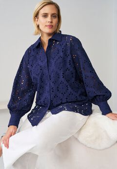 Eyelet Button Front Shirt With Blouson Sleeves