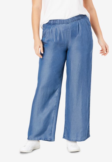Wide Leg Elastic Waist Denim Pants, DARK STONEWASH, hi-res image number null