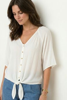 V-Neck Crinkle Tie-Front Elbow-Sleeve Blouse