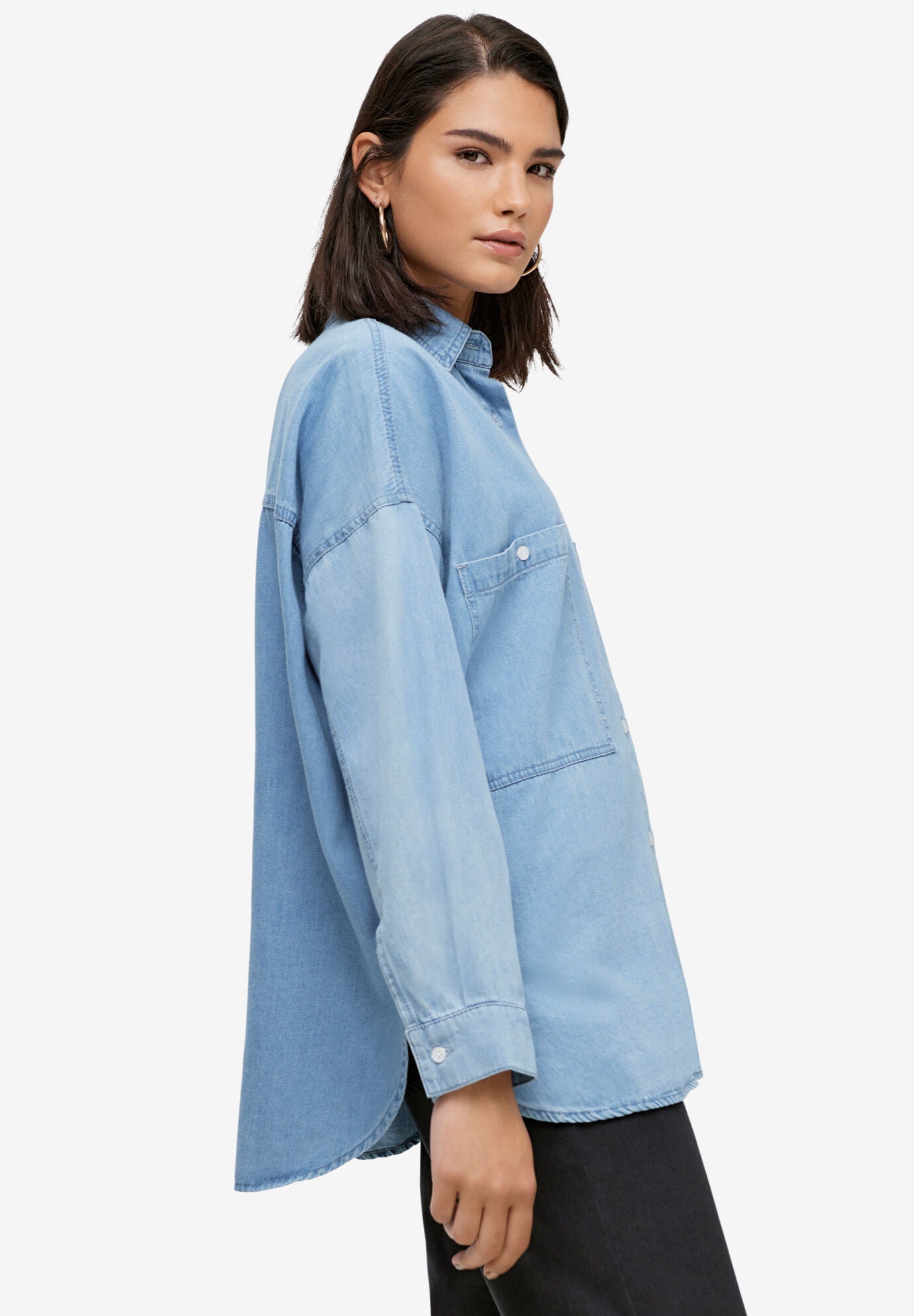 100% Cotton Denim Oversized Button-Front Collared Shirt, , alternate image number 2