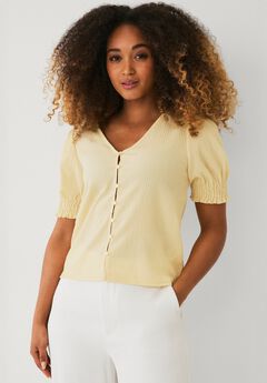 Textured Knit Button Front Top With Puff Sleeves