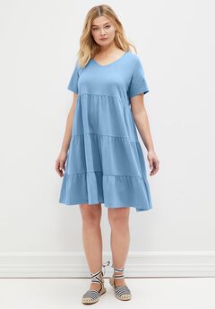 Cotton Spandex Scoop Neck Short Sleeve Tiered A Line Dress