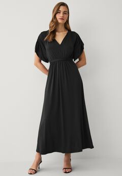 Stretch Knit Fit And Flare Elbow-Length Sleeve Tie-Back Maxi Dress