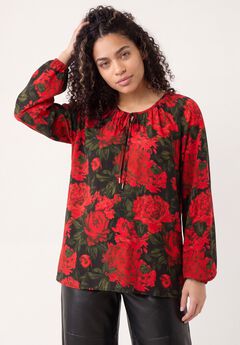 A-Line Long Sleeve Peasant Tunic with Tie-Neck Keyhole Neckline