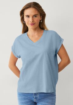 Cotton Jersey Slub V-neck Tee With Rolled Cuffs