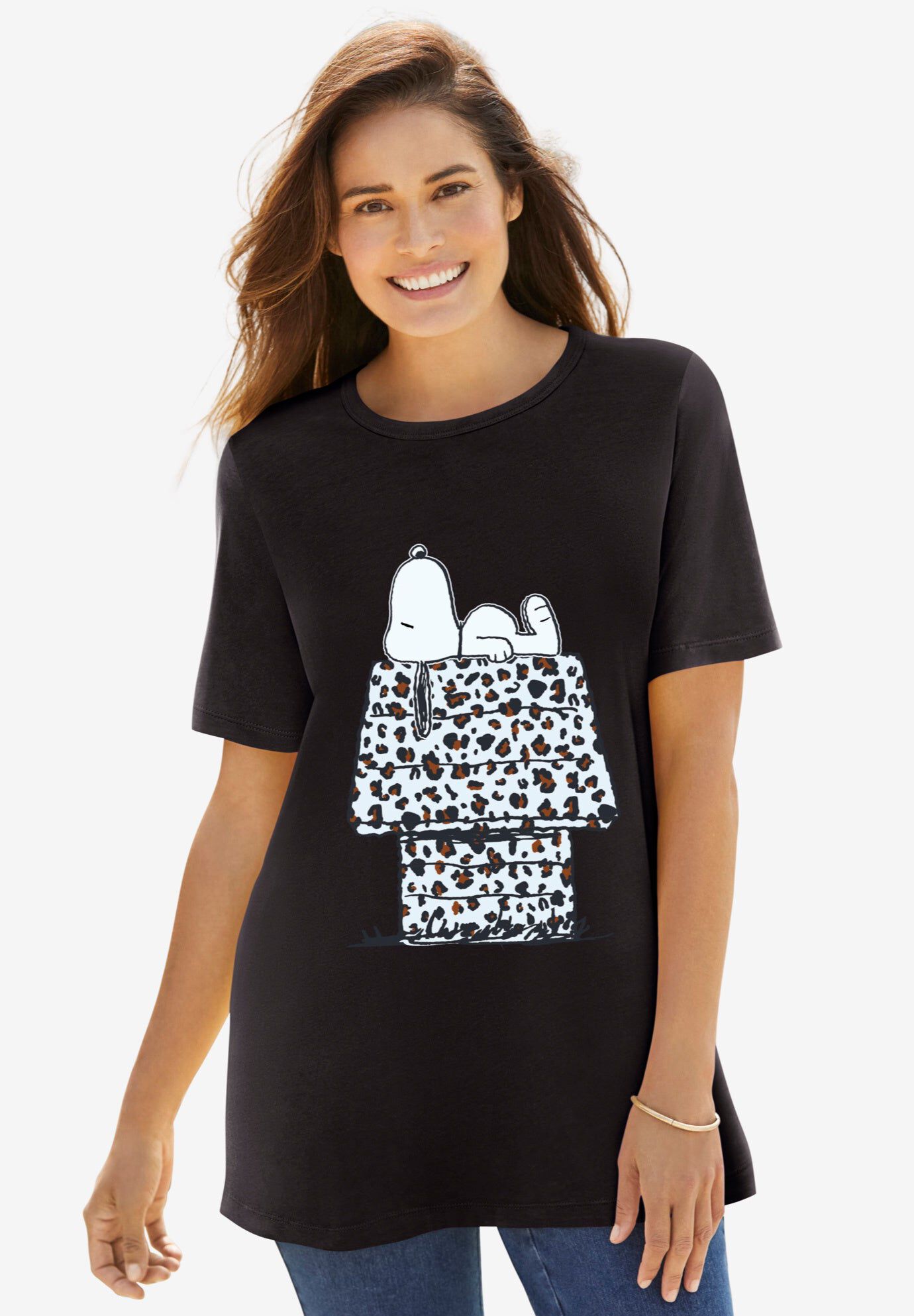 Peanuts Short Sleeve Crew Tee Black Snoopy Leopard, BLACK SNOOPY LEOPARD, hi-res image number 0