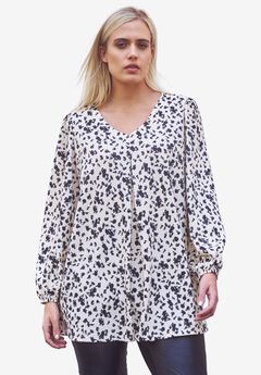 Inverted Pleat Textured Knit Tunic With Blouson Sleeves