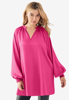 Satin V-Neck Tunic With Blouson Sleeves