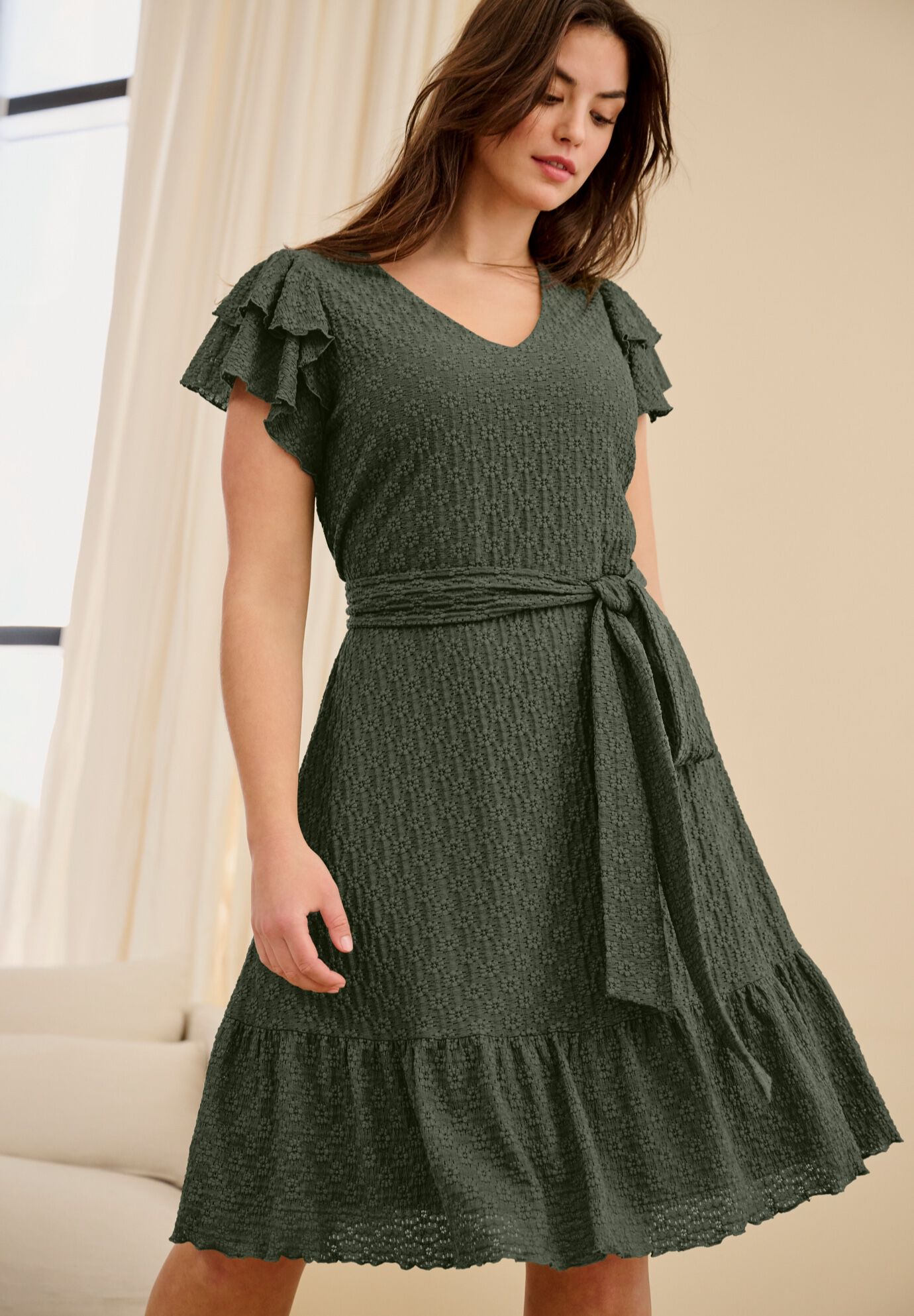 Stretch Knit Tie Waist Ruffle Lace Dress, BURNT OLIVE, on-hover image number 1
