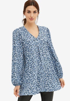 Inverted Pleat Textured Knit Tunic With Blouson Sleeves