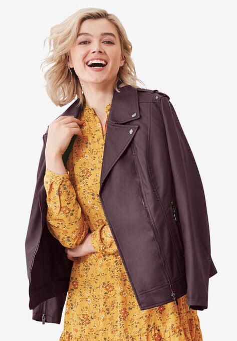 Faux Leather Moto Jacket, WARM BROWN, hi-res image number null