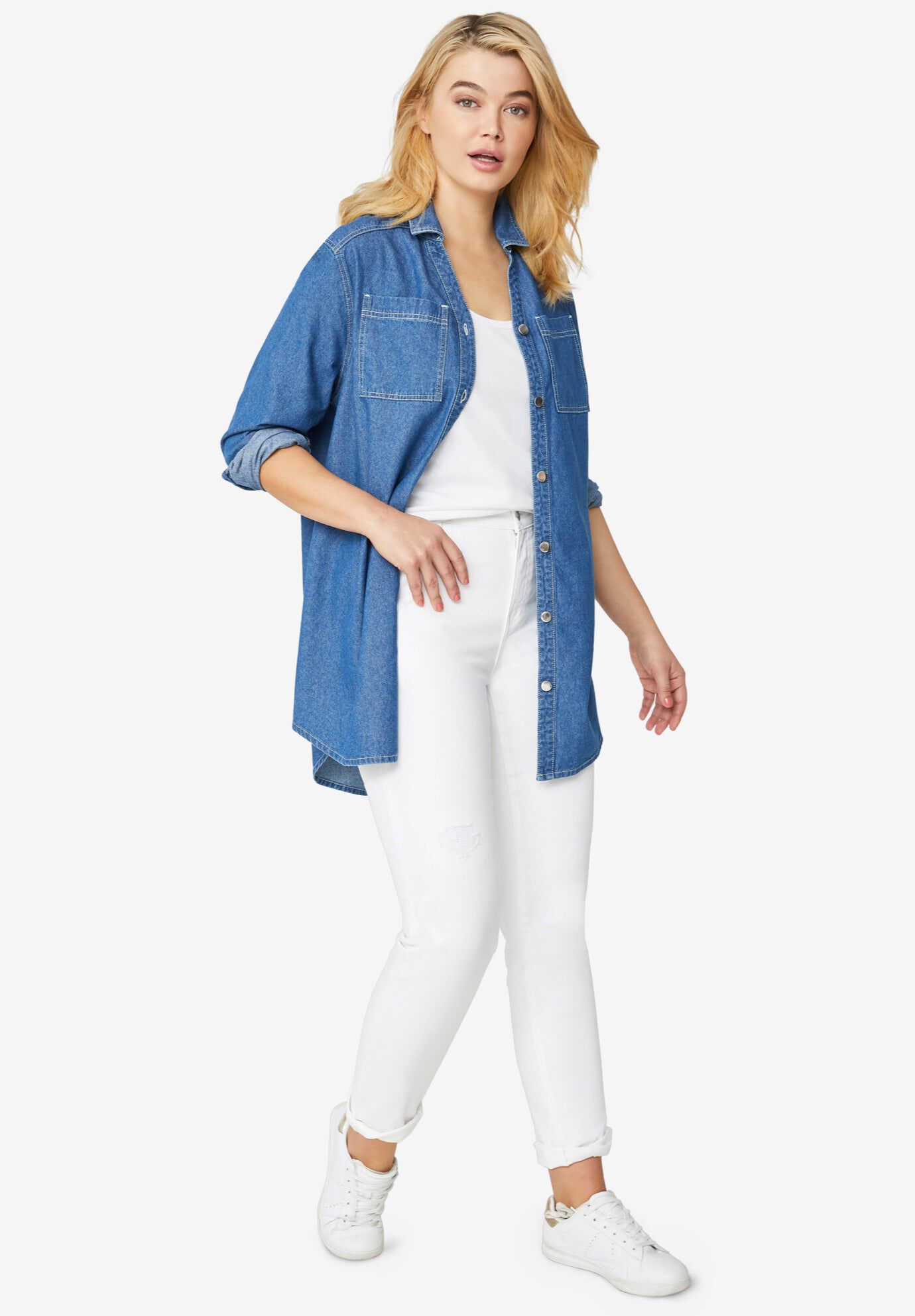 Denim Button-Front Tunic, MEDIUM STONEWASH, hi-res image number 0