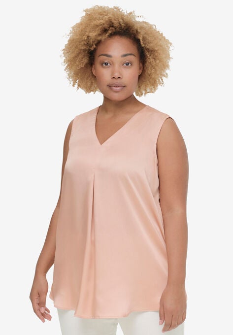 Box-Pleat Satin Sleeveless Blouse, VINTAGE CORAL, hi-res image number null
