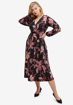Knit Surplice Midi Dress With Self-Tie