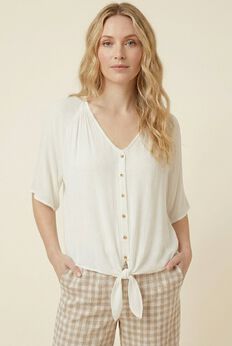 V-Neck Crinkle Tie-Front Elbow-Sleeve Blouse