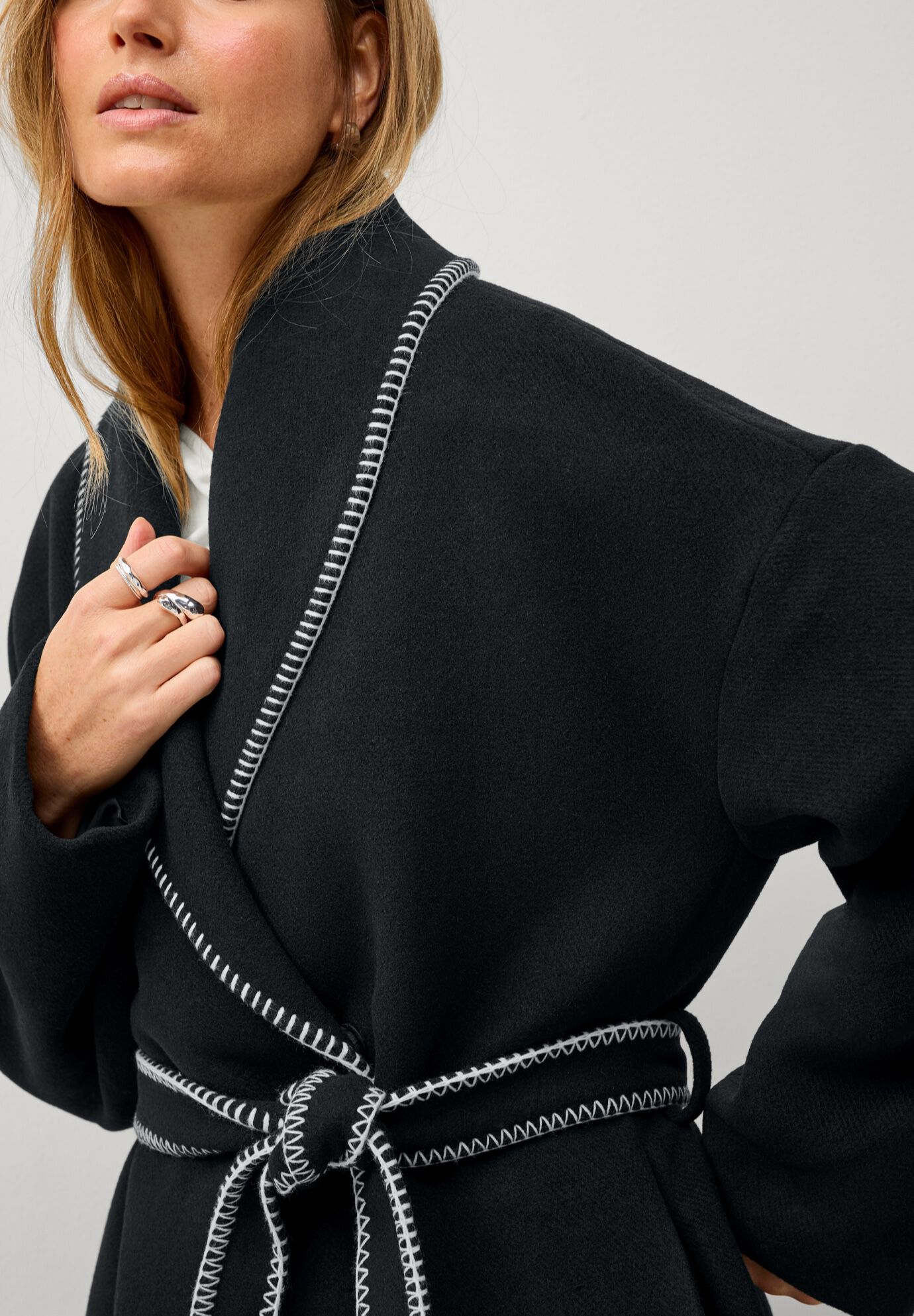 Wrap Jacket With Whipstitch Trim, BLACK, alternate image number 2