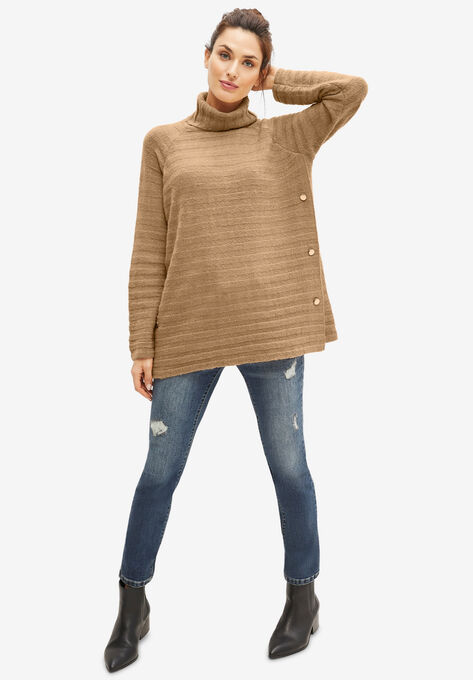 Side Button Turtleneck Sweater, SOFT CAMEL, hi-res image number null