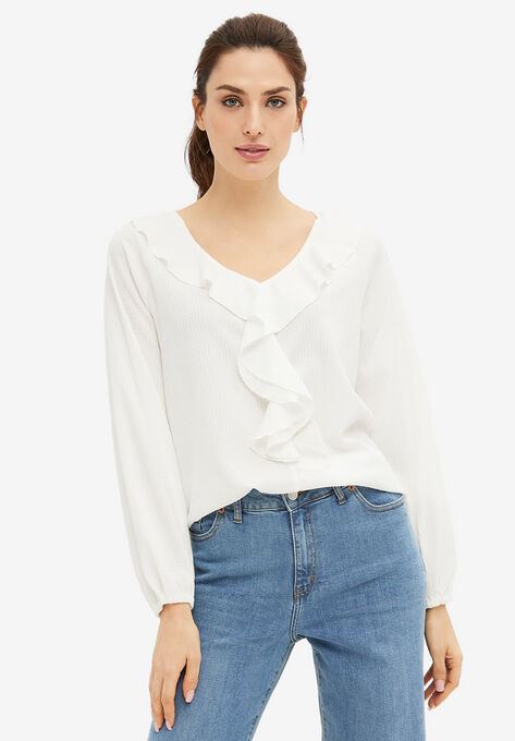 Knit Top With Ruffled V-Neck, WHITE, hi-res image number null