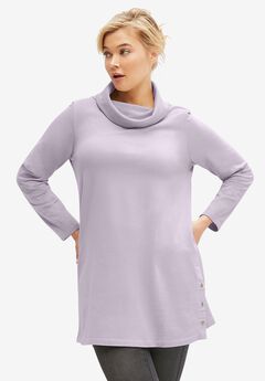 Side Snap Cowl Neck French Terry Sweatshirt Tunic