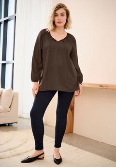A-Line Long Sleeve Peasant Tunic with Tie-Neck Keyhole Neckline