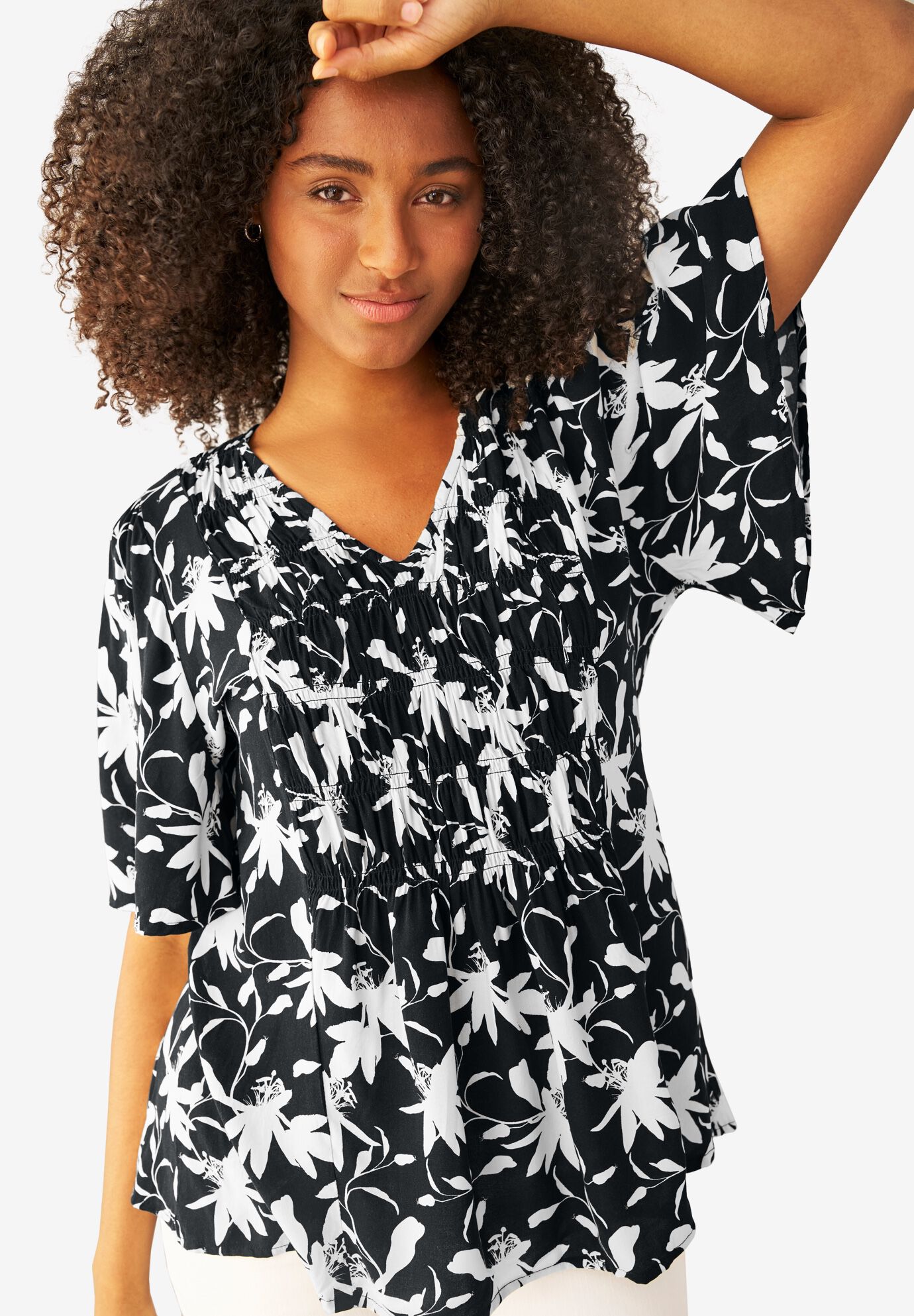 V-Neck A-Line Blouse with Smocked Bodice, BLACK WHITE PRINT, alternate image number 2