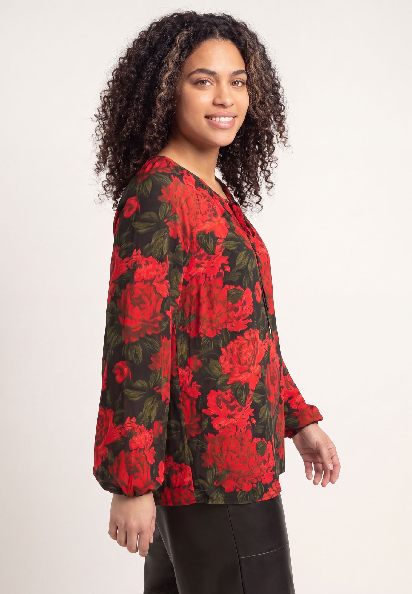 A-Line Long Sleeve Peasant Tunic with Tie-Neck Keyhole Neckline, BLACK CLASSIC RED FLORAL, alternate image number 2