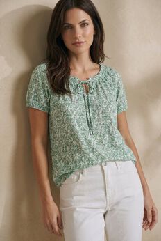 100% Cotton A-Line Peasant Blouse With Scoop Keyhole Neckline