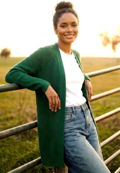 Open Front Long Ribbed Sleeve Waffle Cardigan