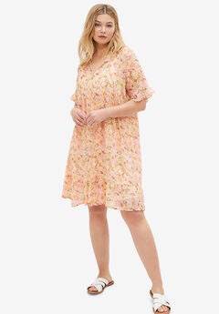 Sheer Ruffle Trim Dress With Keyhole Neckline