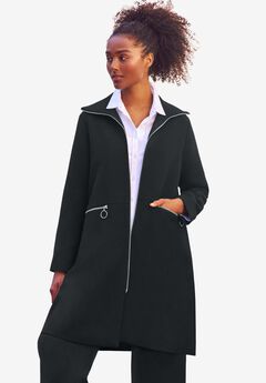 Stretch Crepe Zip Front A Line Back Pleat Coat