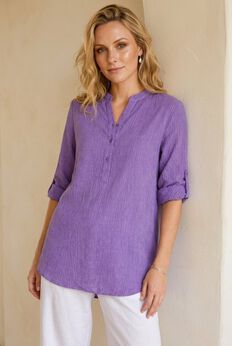 Three-Quarter Sleeve Roll Tab Relaxed Fit 100% Cotton Henley Tunic
