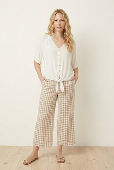 100% Cotton Wide Leg Gingham Seersucker Back Elastic Waist Crop Pants