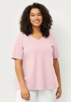 Stretch Jersey Knit A-Line Relaxed V-Neck Short Sleeve Tunic