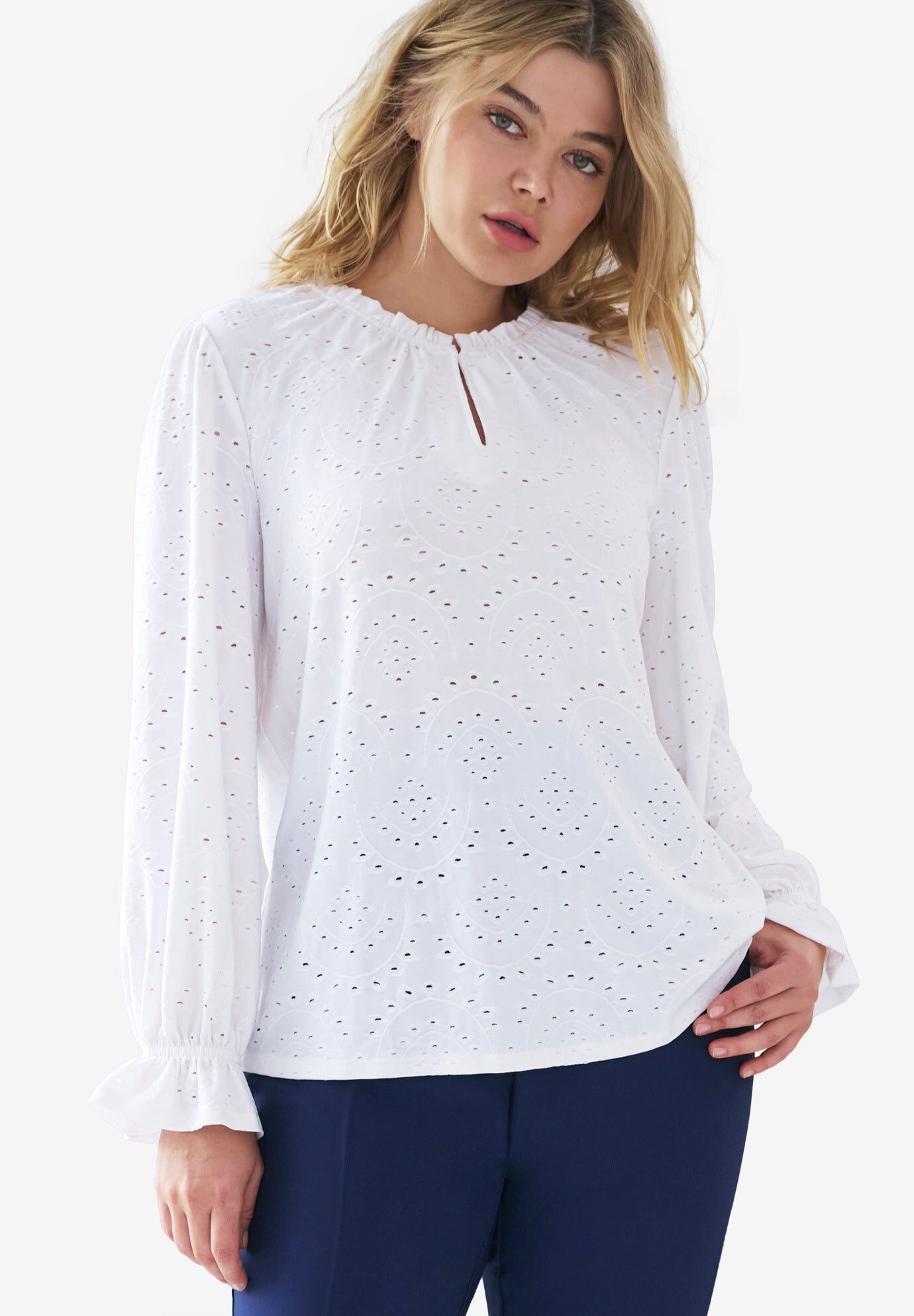 Long Sleeve Knit Eyelet Top With Keyhole Neckline, WHITE, hi-res image number 0