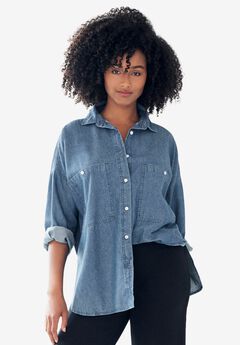 100% Cotton Denim Oversized Button-Front Collared Shirt