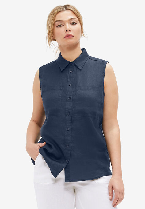 Sleeveless Button-Front Linen Blend Shirt, NAVY, hi-res image number null