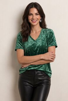 Stretch Crushed Velour V-neck Short Sleeve Tee