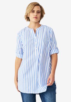 Three-Quarter Sleeve Roll Tab Relaxed Fit 100% Cotton Henley Tunic