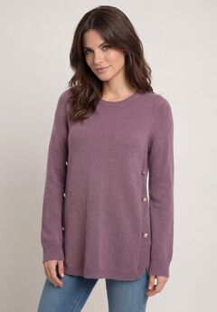 Stretch Scoop Neck Curved Hem With Buttons Pullover Sweater