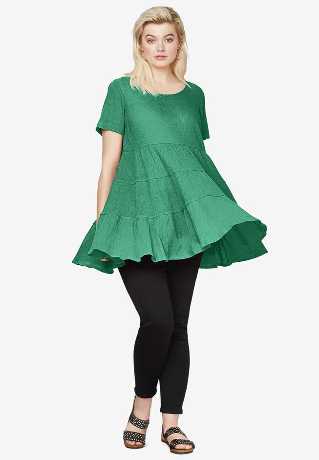 Tiered Gauze Tunic, TROPICAL GREEN, hi-res image number 0