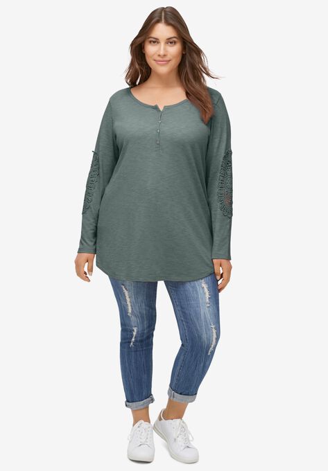 Crochet Trim Henley, DUSTY PINE, hi-res image number null