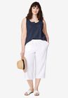 Linen Blend Drawstring Capris, WHITE, hi-res image number null