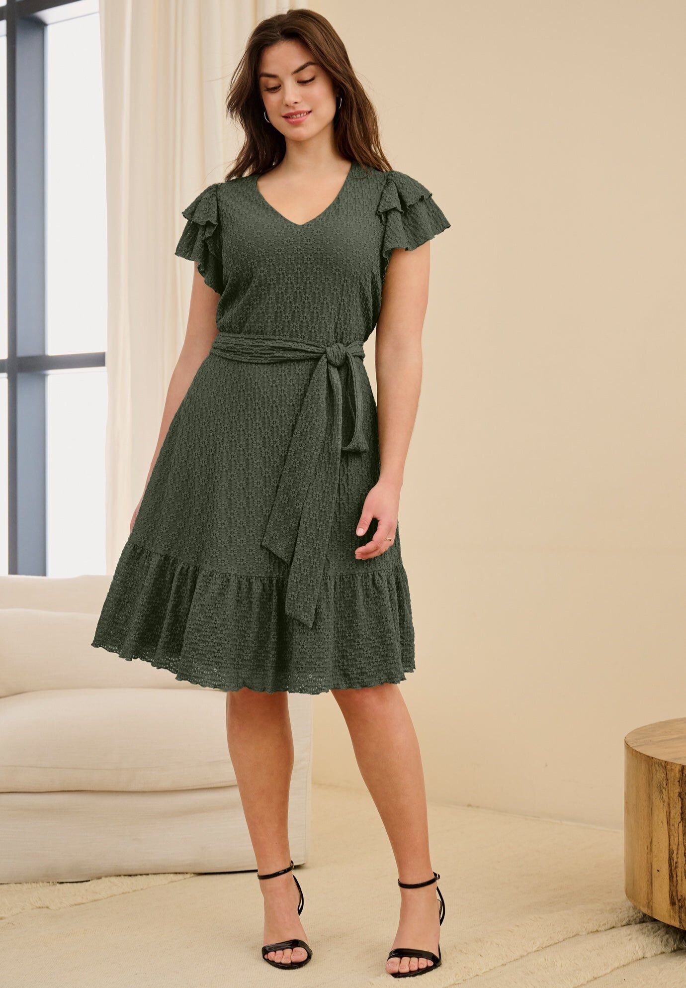 Stretch Knit Tie Waist Ruffle Lace Dress, BURNT OLIVE, hi-res image number 0