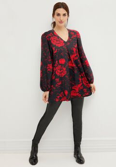 Inverted Pleat Textured Knit Tunic With Blouson Sleeves