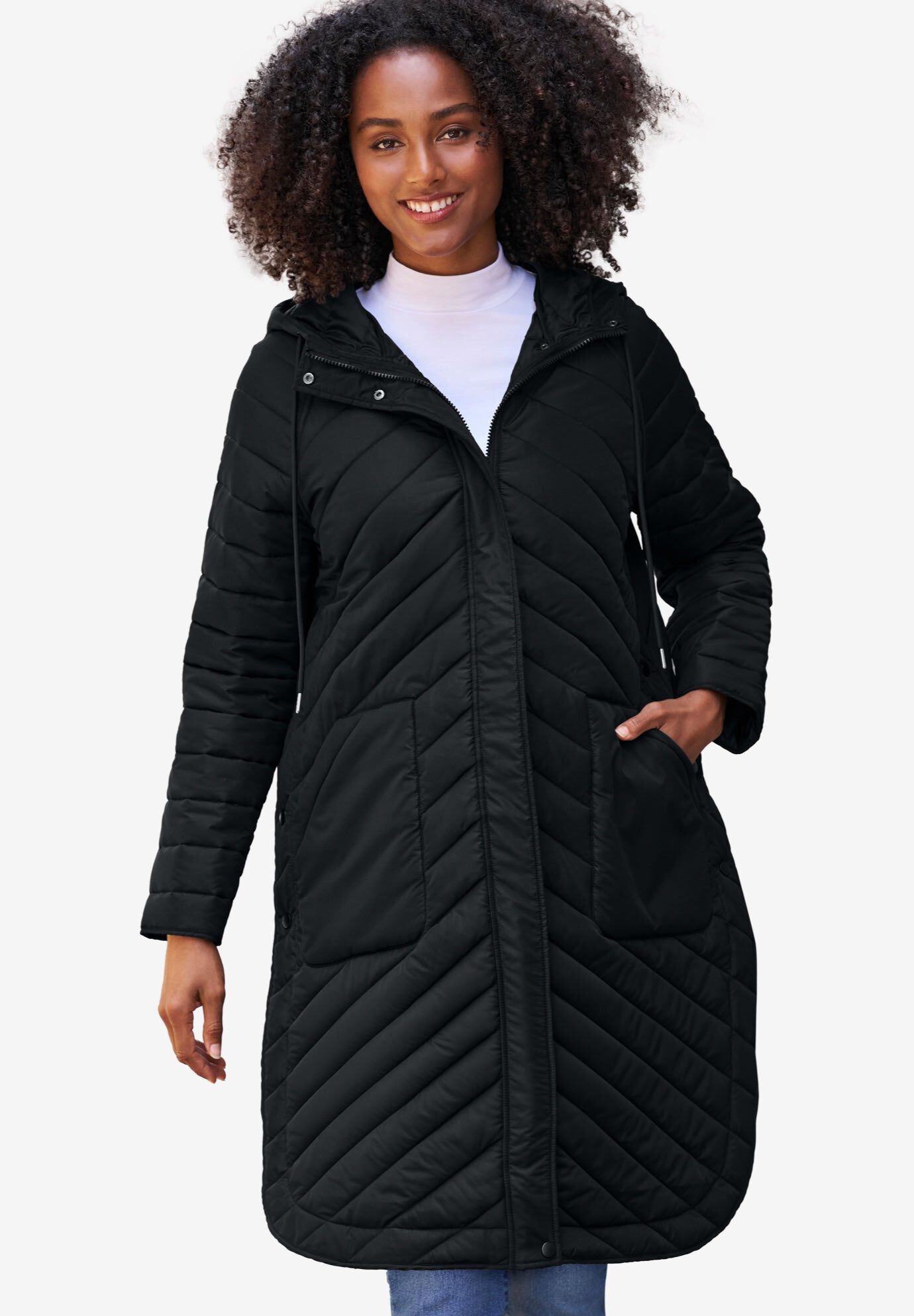 Quilted Jacket With Curved Bottom & Side Snaps, BLACK, hi-res image number 0