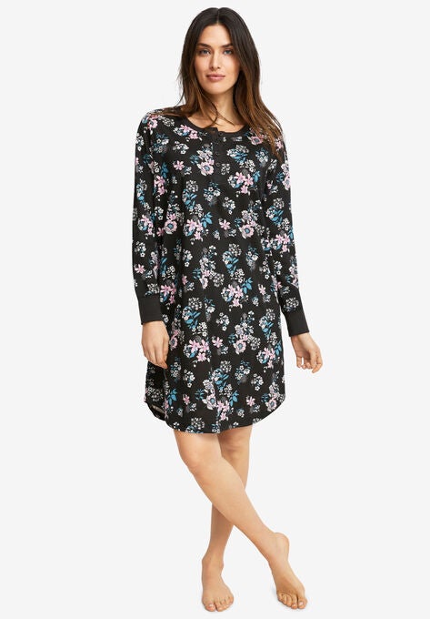 Long Sleeve Henley Sleepshirt, BLACK MULTI FLORAL, hi-res image number null