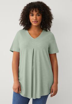 V-Neck Inverted Pleat Tunic with Curved Hem