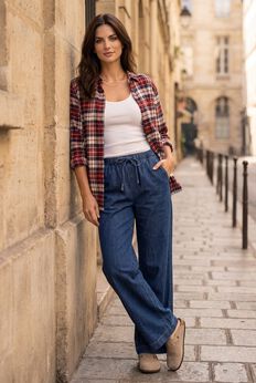 Elastic Waist With Drawstring Wide Leg Jeans