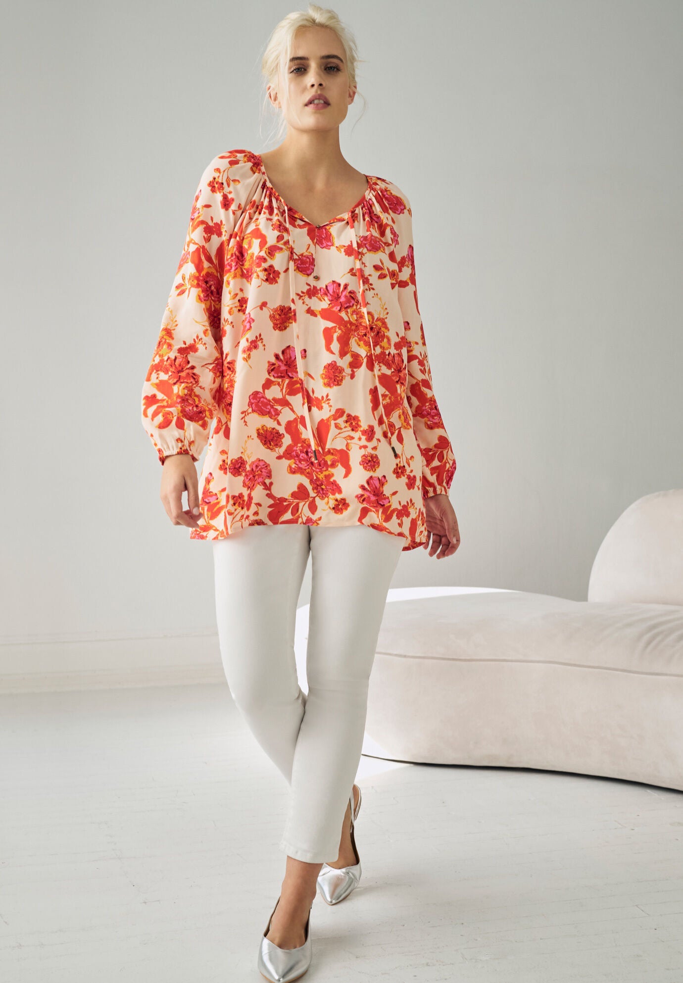 A-Line Long Sleeve Peasant Tunic with Tie-Neck Keyhole Neckline, , alternate image number 3