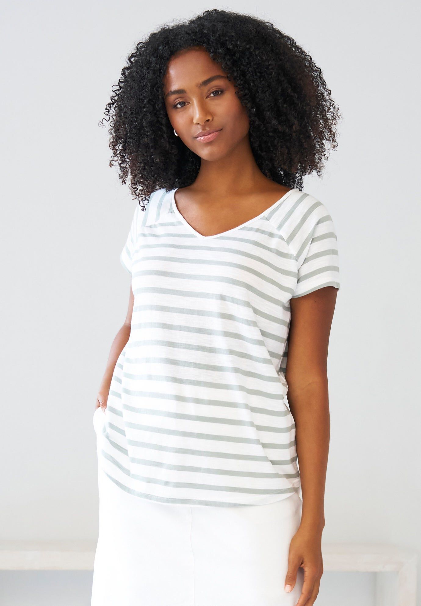 Rounded V-neck Tee, GREY SPRUCE WHITE STRIPE, hi-res image number 0